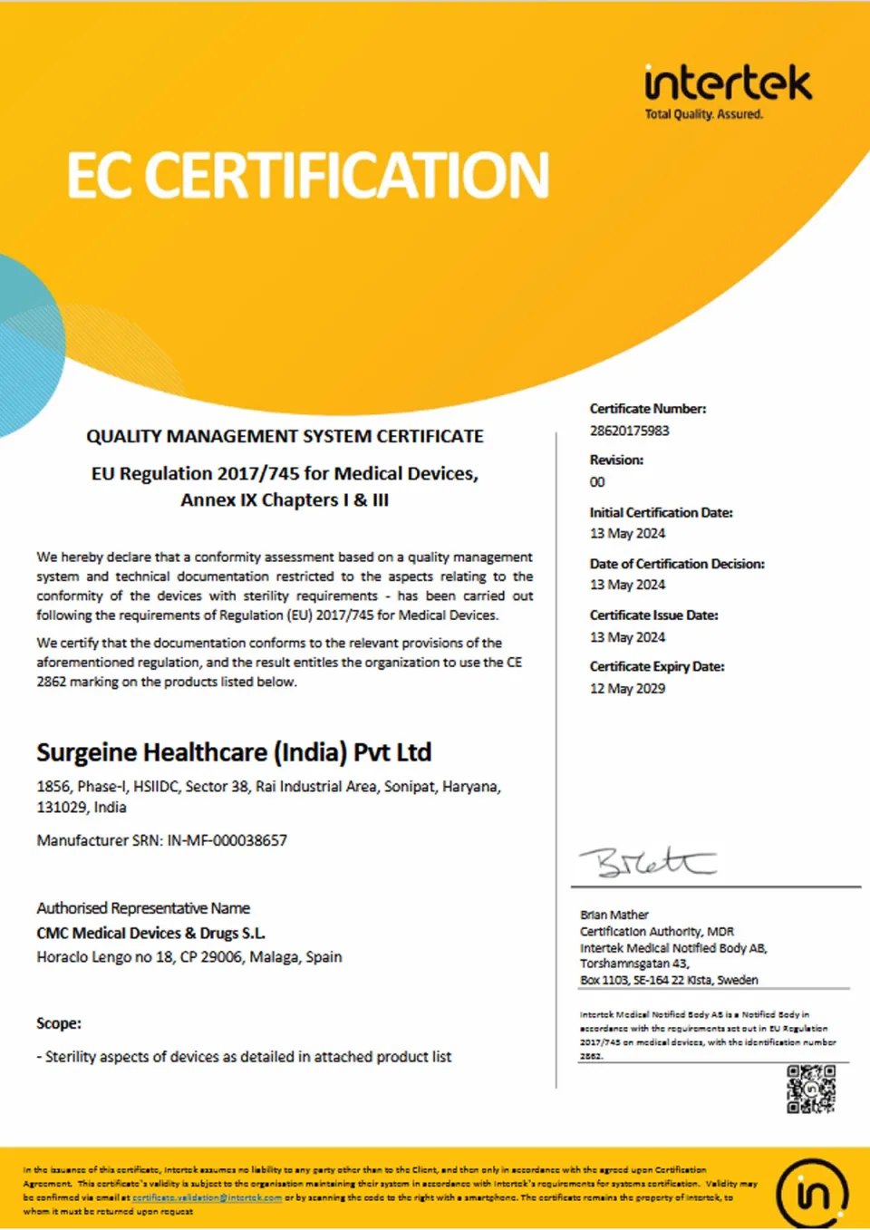 CE Mark Certificate under EU MDR 2017/745