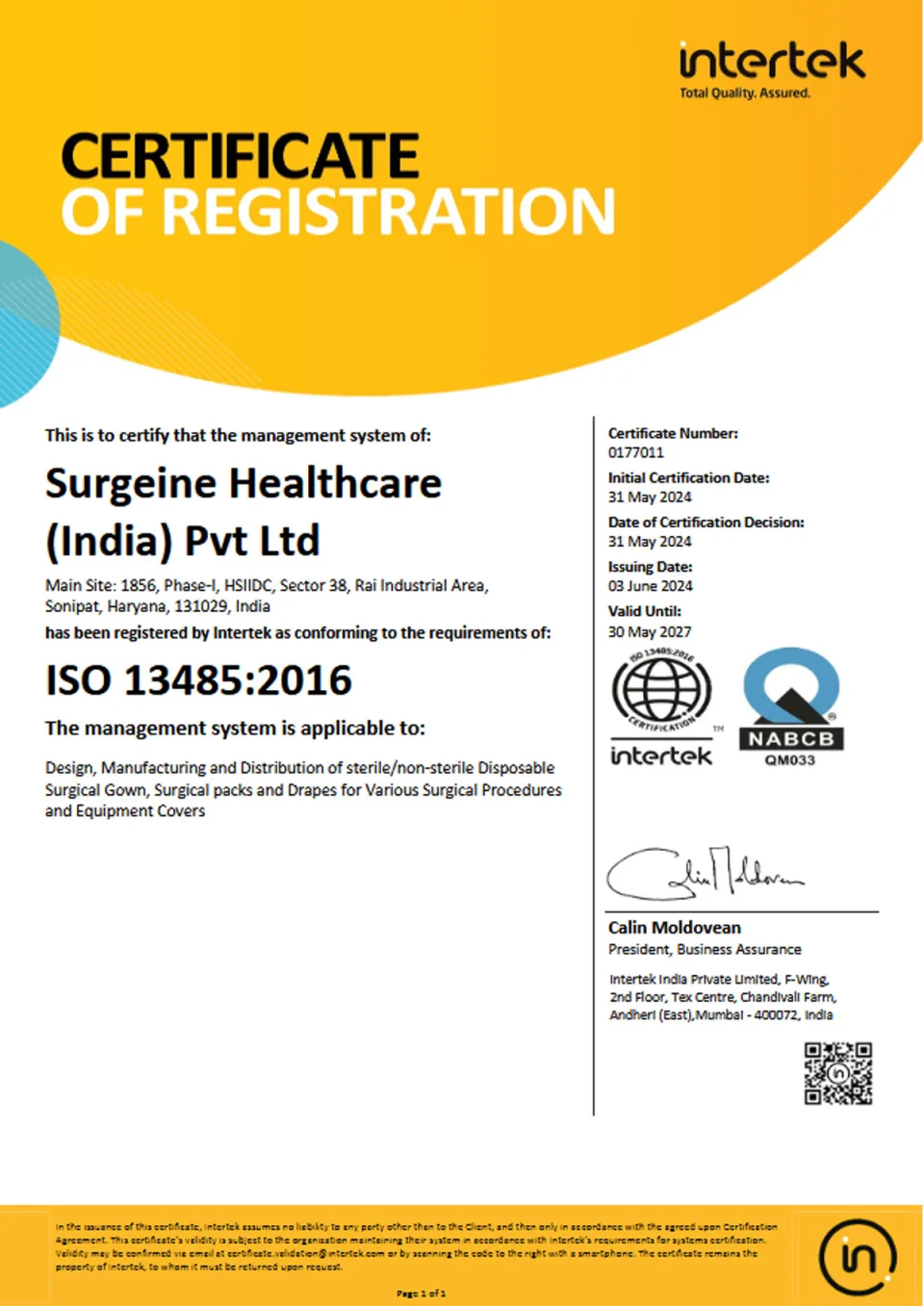 ISO 13485 2016 Quality Management Certificate